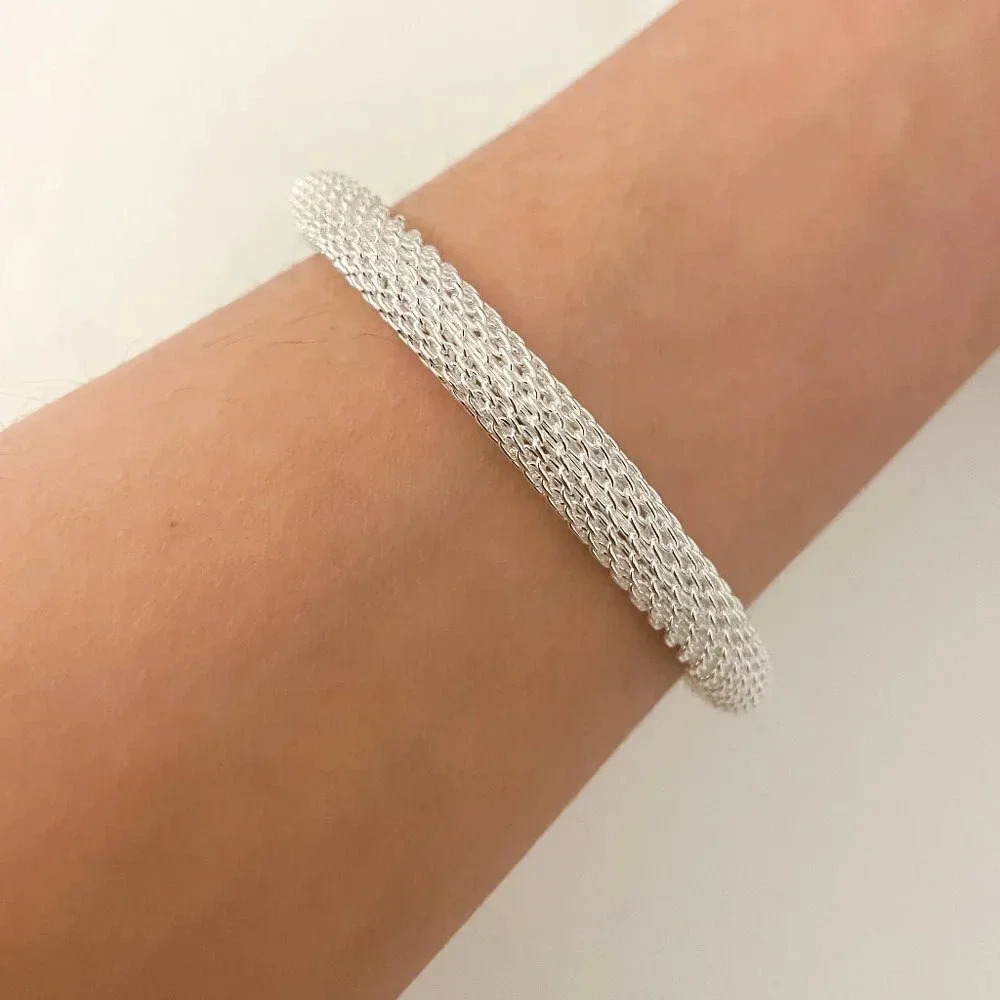925 Sterling Silver Woven Mesh Cuff Bracelet Silver Bangle Bracelet